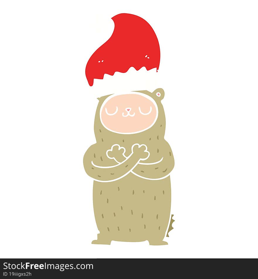 flat color style cartoon bear wearing christmas hat