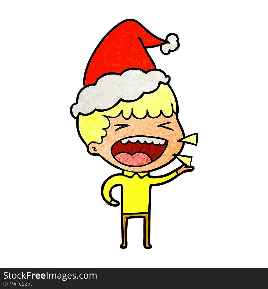 textured cartoon of a laughing man wearing santa hat