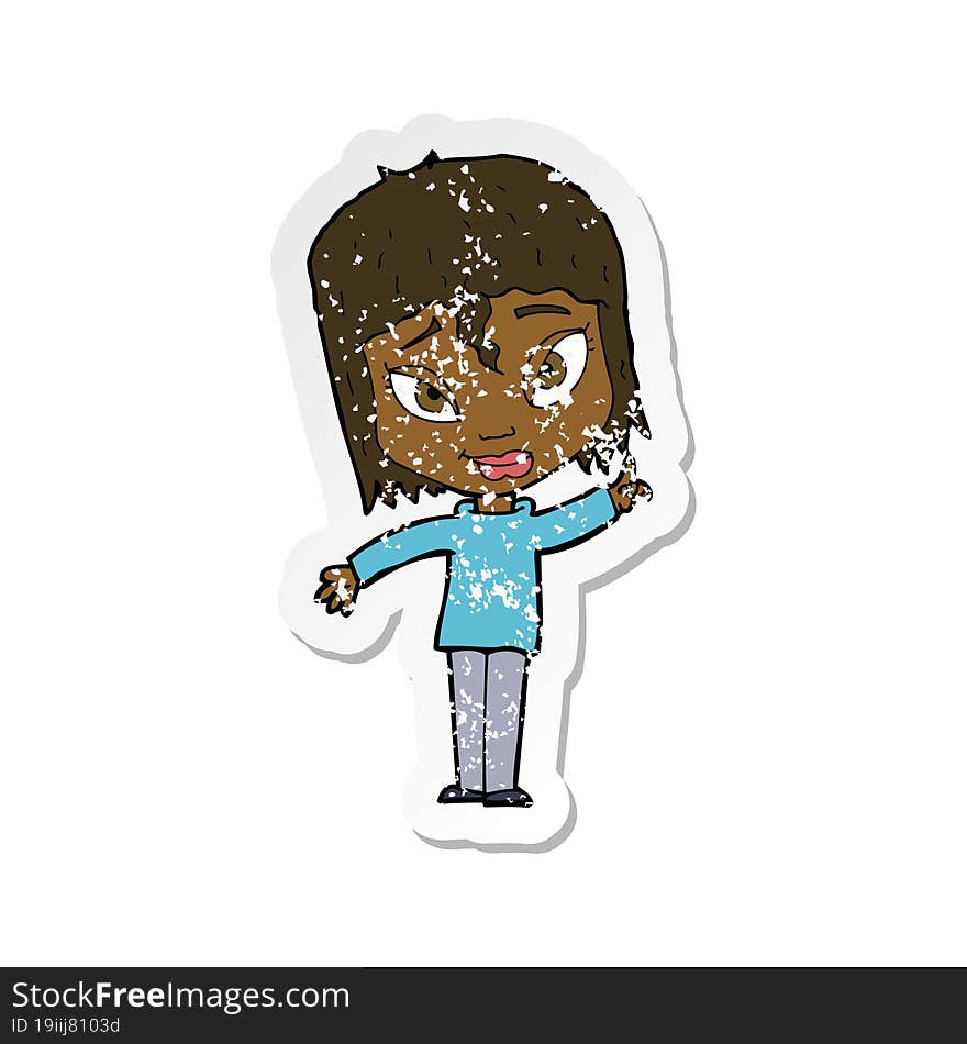 retro distressed sticker of a cartoon woman with idea