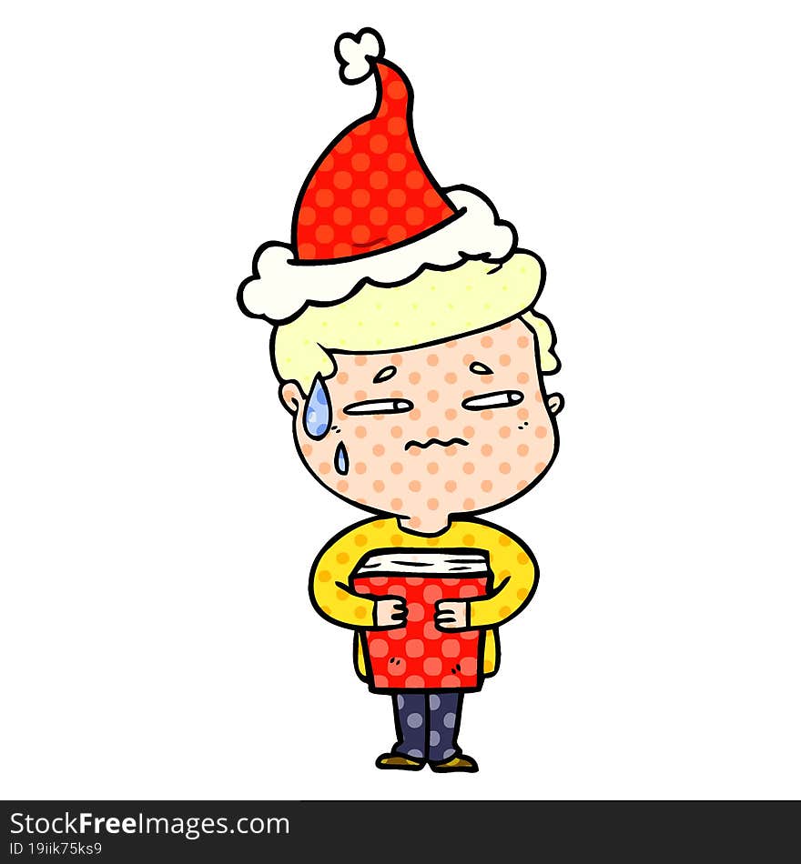 hand drawn comic book style illustration of a anxious boy carrying book wearing santa hat