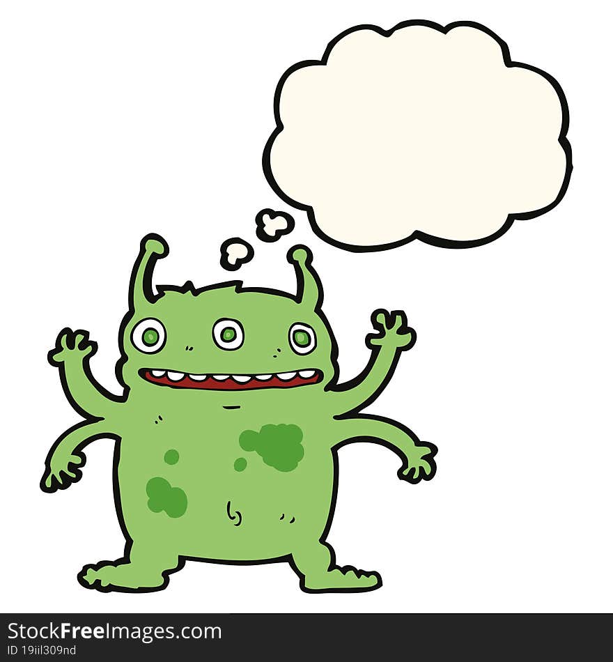 cartoon alien monster with thought bubble