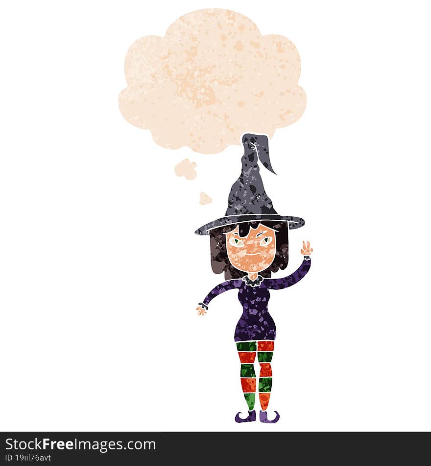 cartoon witch with thought bubble in grunge distressed retro textured style. cartoon witch with thought bubble in grunge distressed retro textured style