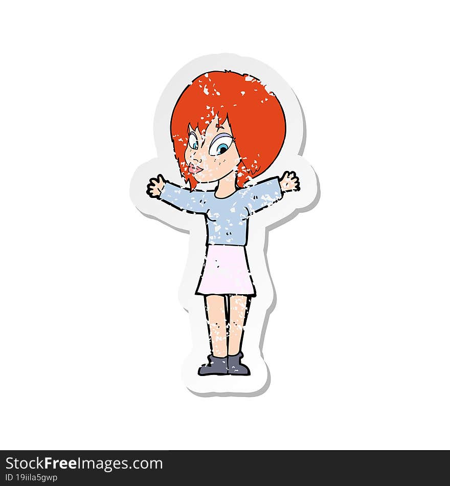 retro distressed sticker of a cartoon woman with open arms