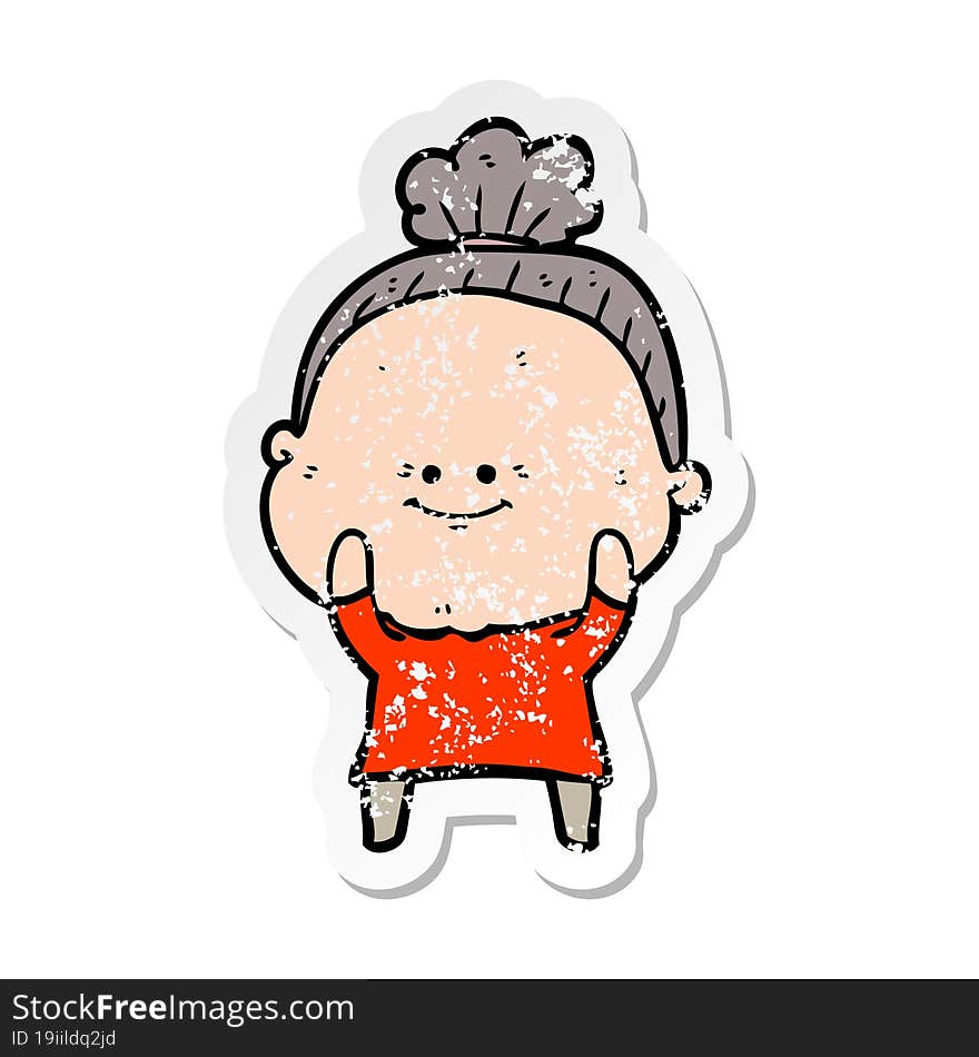 distressed sticker of a cartoon happy old woman