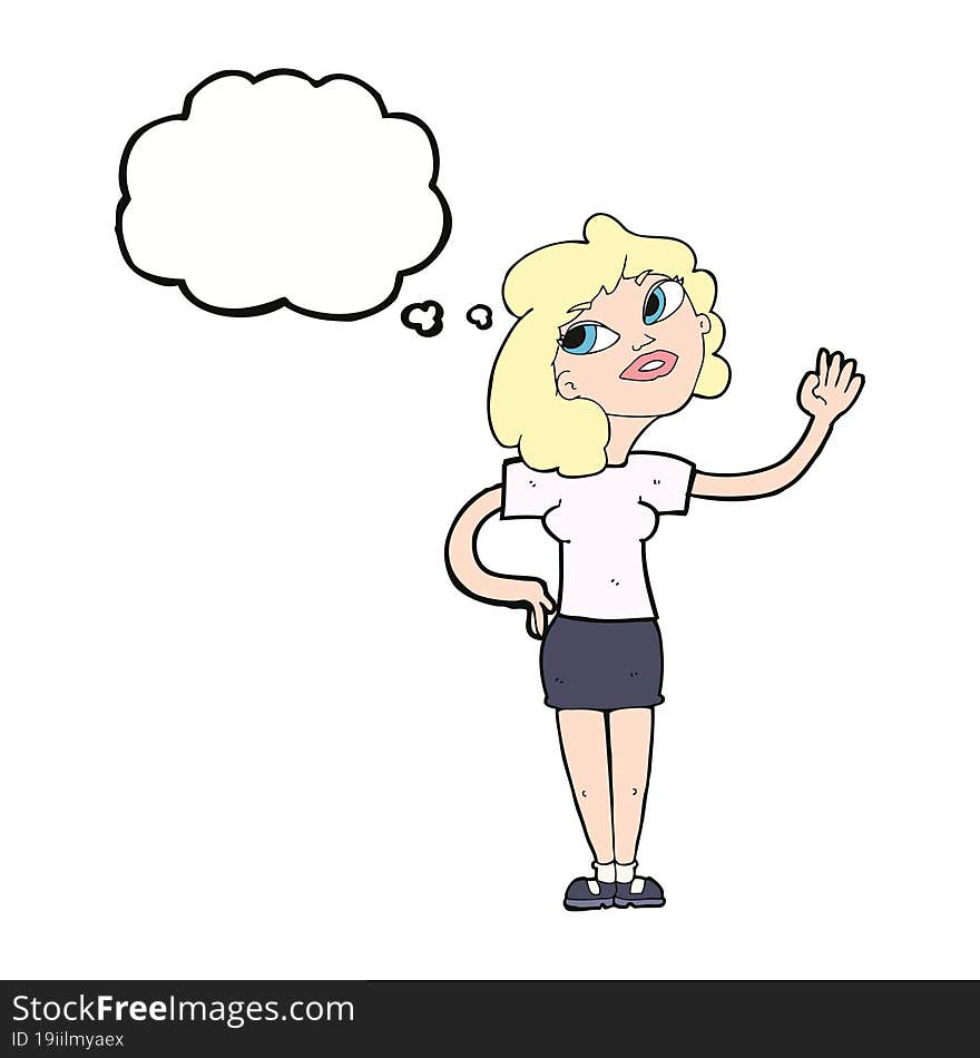 cartoon woman waving  with thought bubble