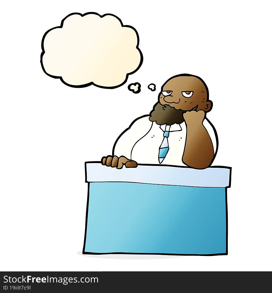 cartoon bored man at desk with thought bubble