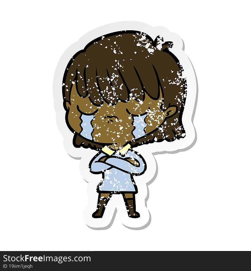 distressed sticker of a cartoon woman crying