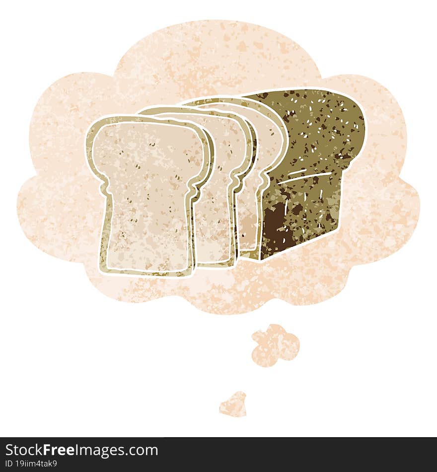 cartoon sliced bread and thought bubble in retro textured style