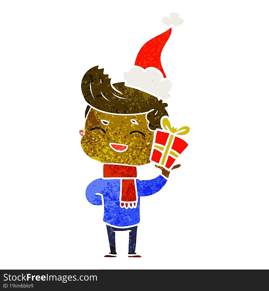 hand drawn retro cartoon of a man laughing wearing santa hat