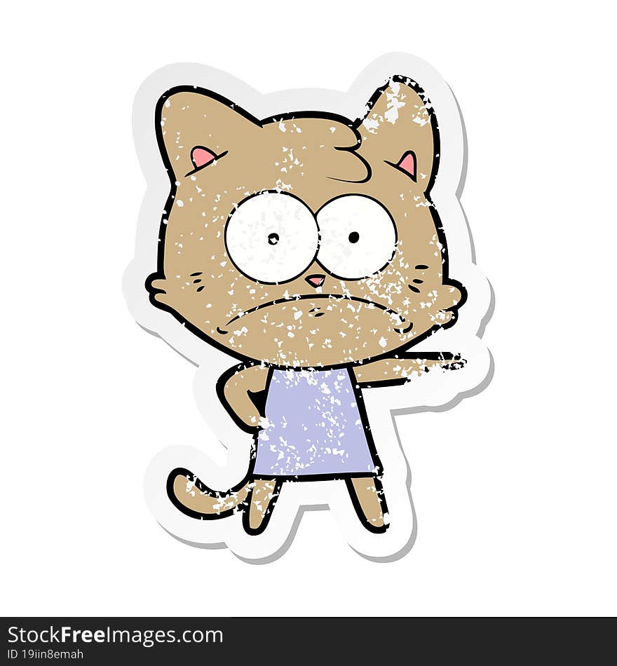 Distressed Sticker Of A Cartoon Nervous Cat