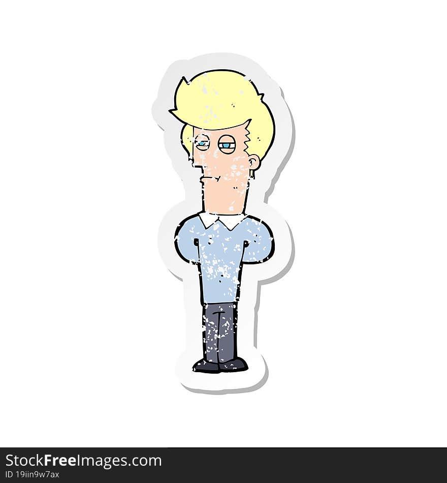 retro distressed sticker of a cartoon jaded man