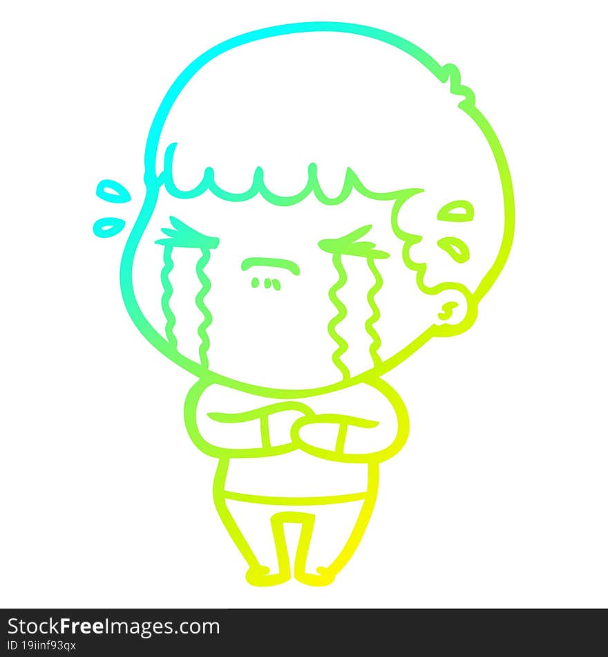 cold gradient line drawing of a cartoon man crying