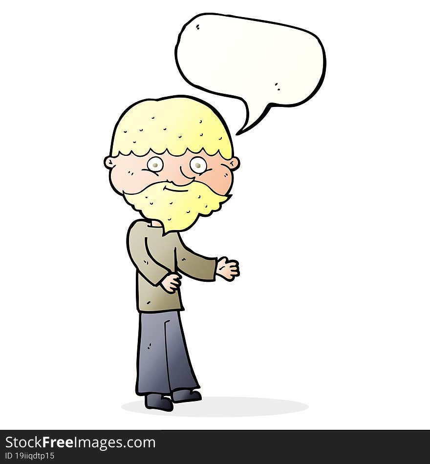 cartoon happy bearded man with speech bubble