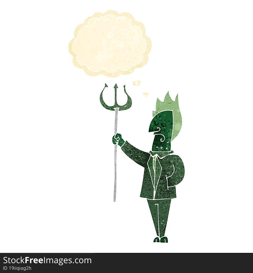 Cartoon Devil With Pitchfork With Thought Bubble