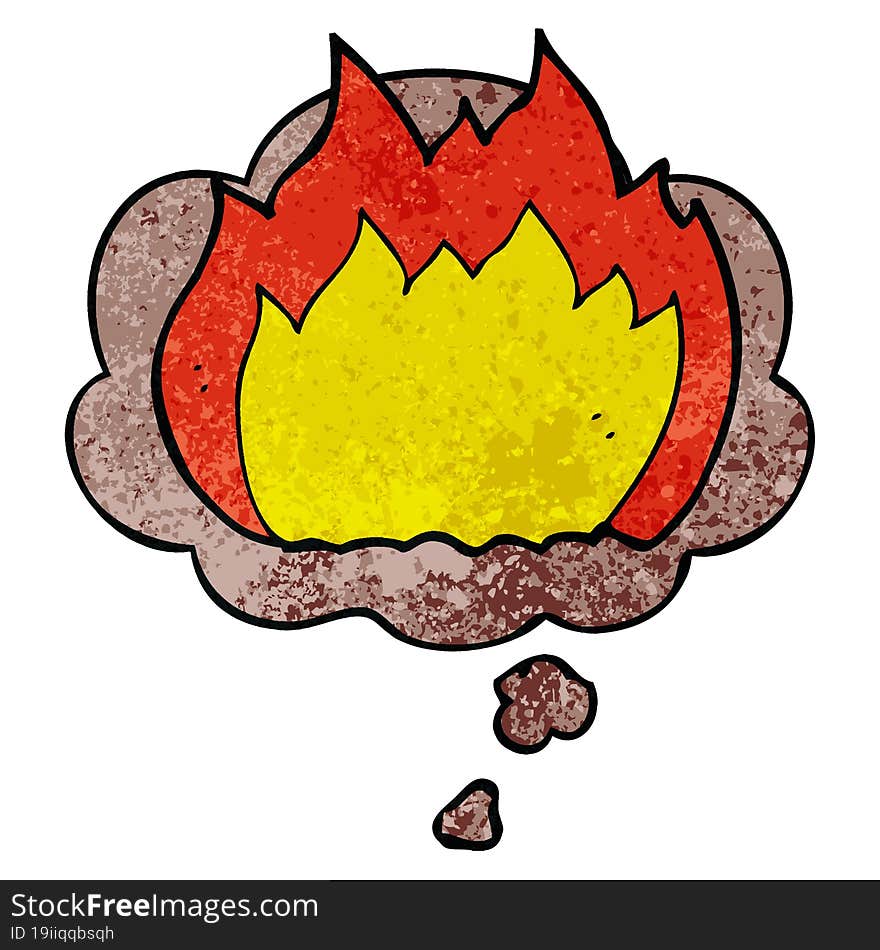 Cartoon Fire And Thought Bubble In Grunge Texture Pattern Style