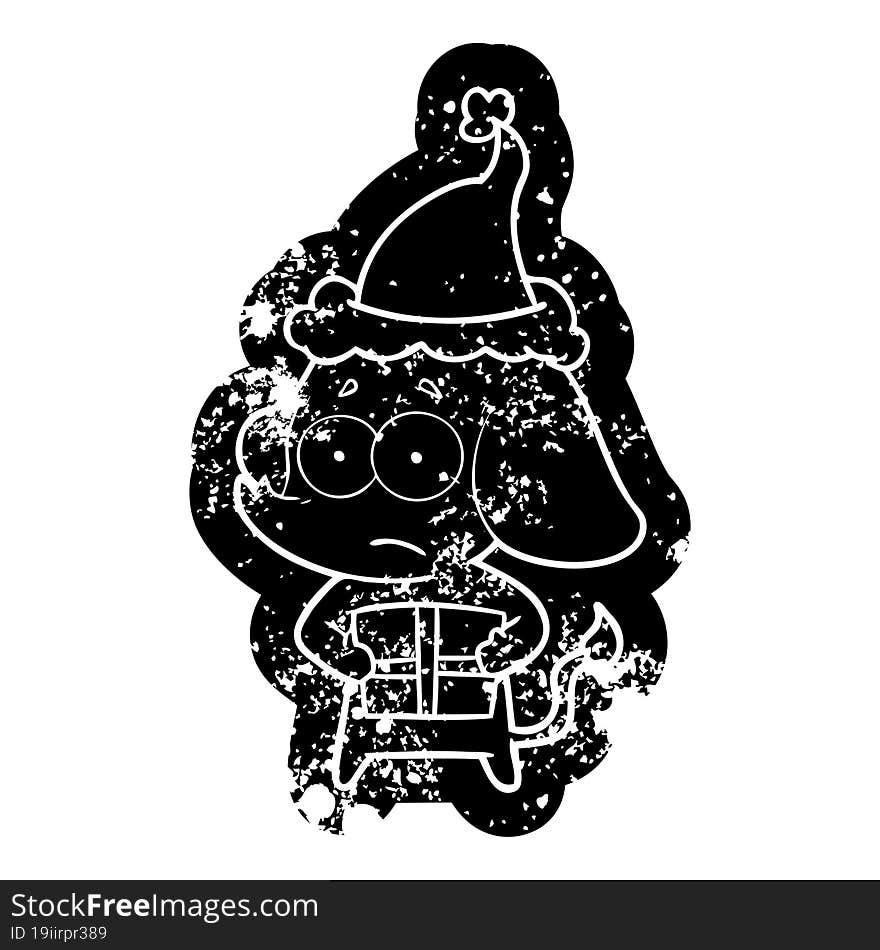 Cartoon Distressed Icon Of A Unsure Elephant With Christmas Present Wearing Santa Hat