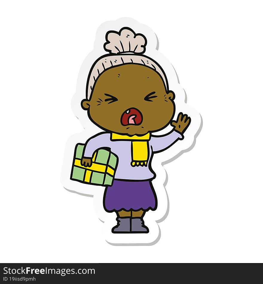 sticker of a cartoon angry old woman