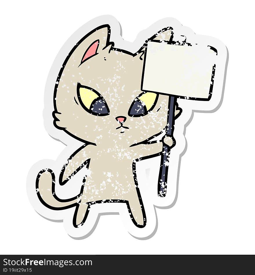 distressed sticker of a confused cartoon cat with protest sign