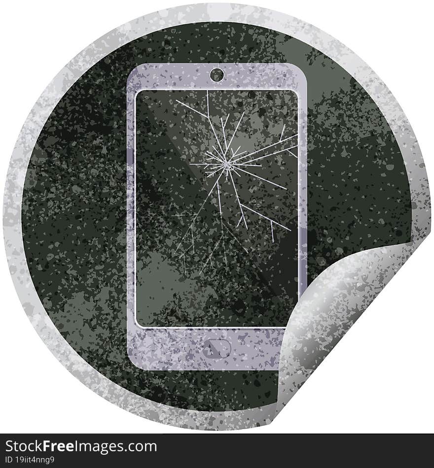 cracked screen cell phone graphic vector illustration circular sticker. cracked screen cell phone graphic vector illustration circular sticker