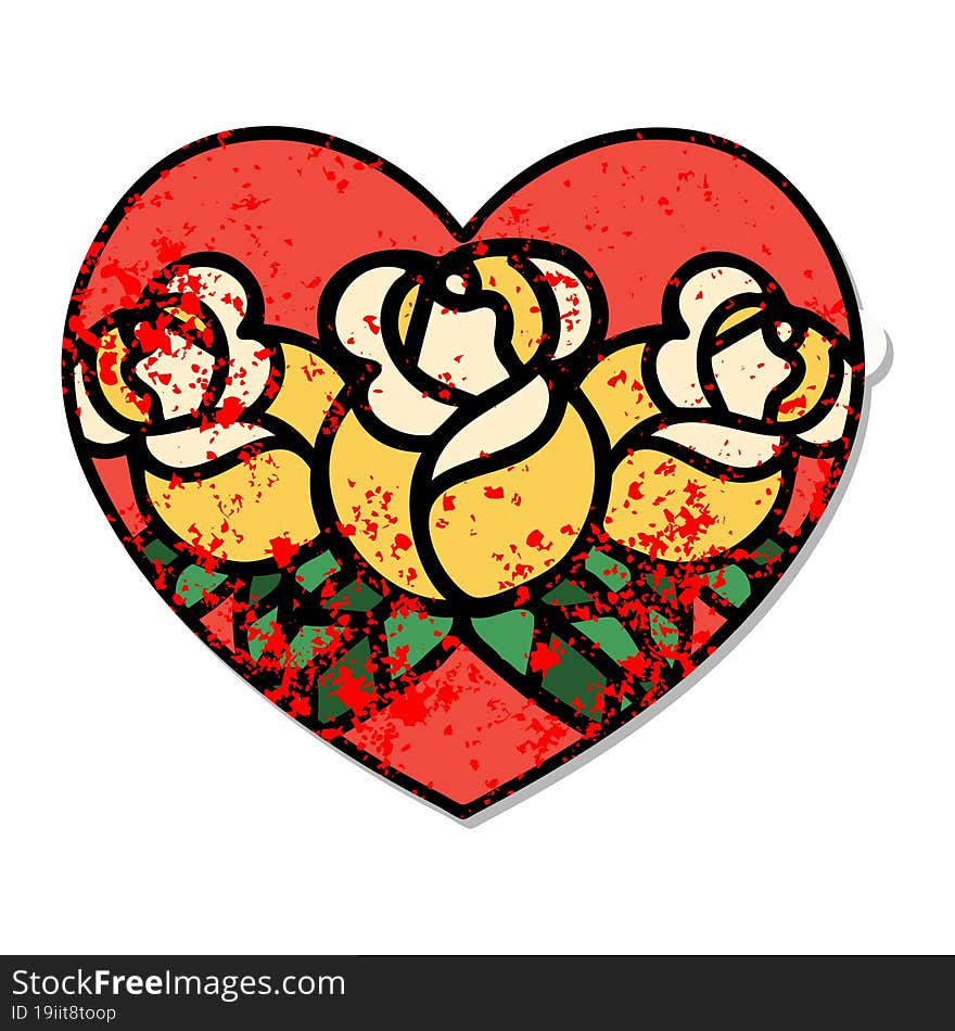 traditional distressed sticker tattoo of a heart and flowers