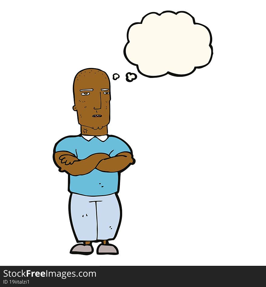 cartoon annoyed bald man with thought bubble