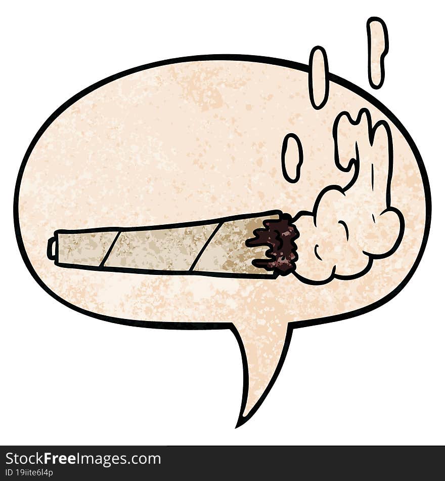 cartoon marijuiana joint and speech bubble in retro texture style