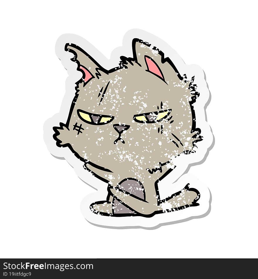 distressed sticker of a tough cartoon cat