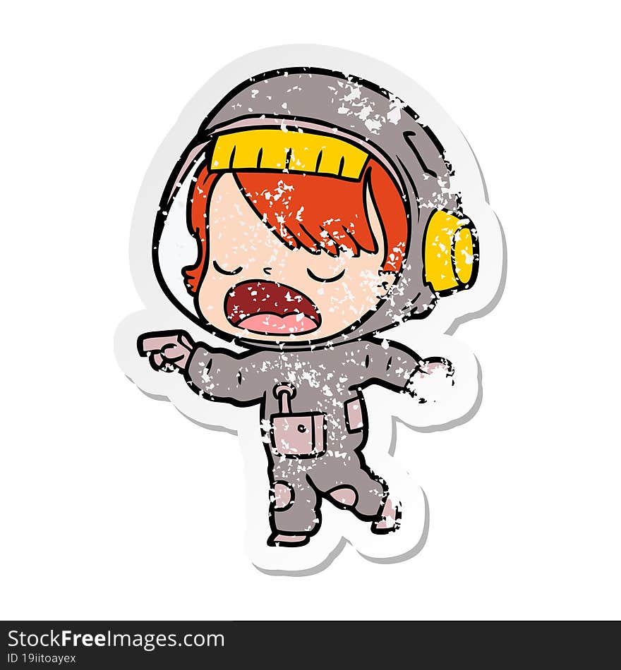 distressed sticker of a cartoon talking astronaut