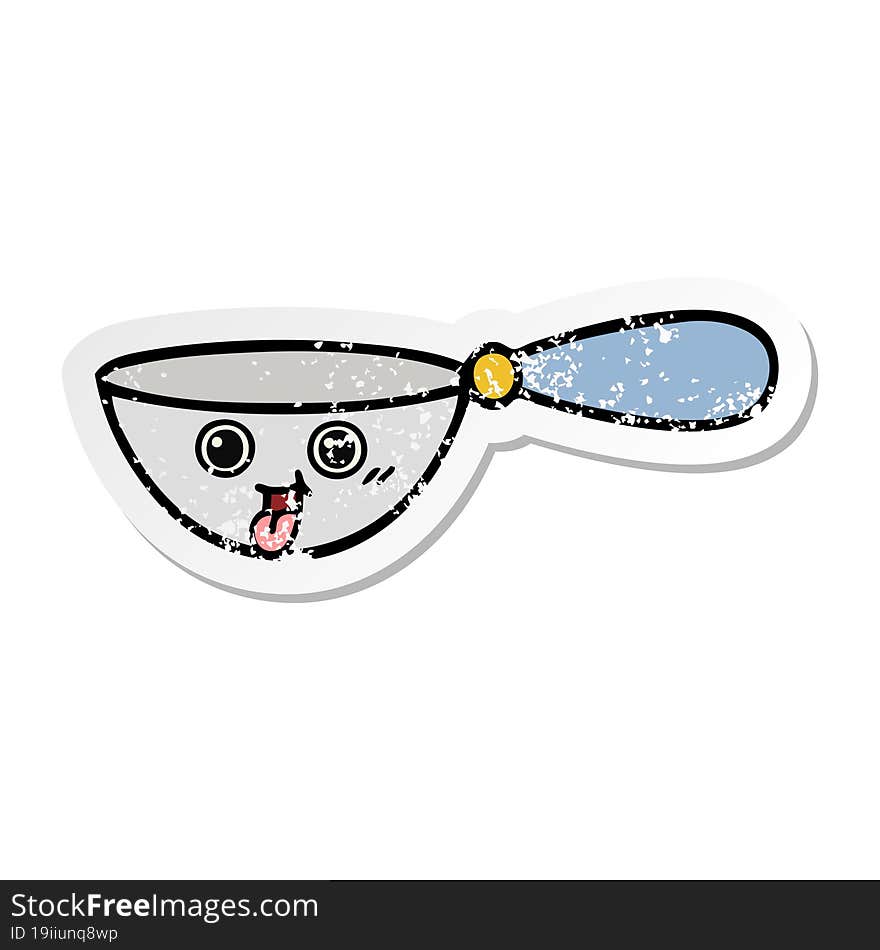 Distressed Sticker Of A Cute Cartoon Measuring Spoon