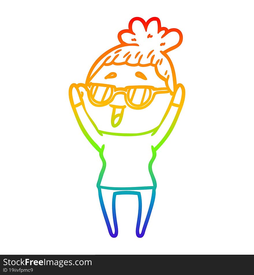 rainbow gradient line drawing of a cartoon happy woman wearing spectacles