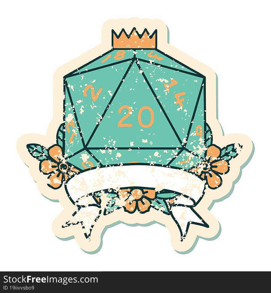 Retro Tattoo Style natural 20 critical hit D20 dice roll. Retro Tattoo Style natural 20 critical hit D20 dice roll