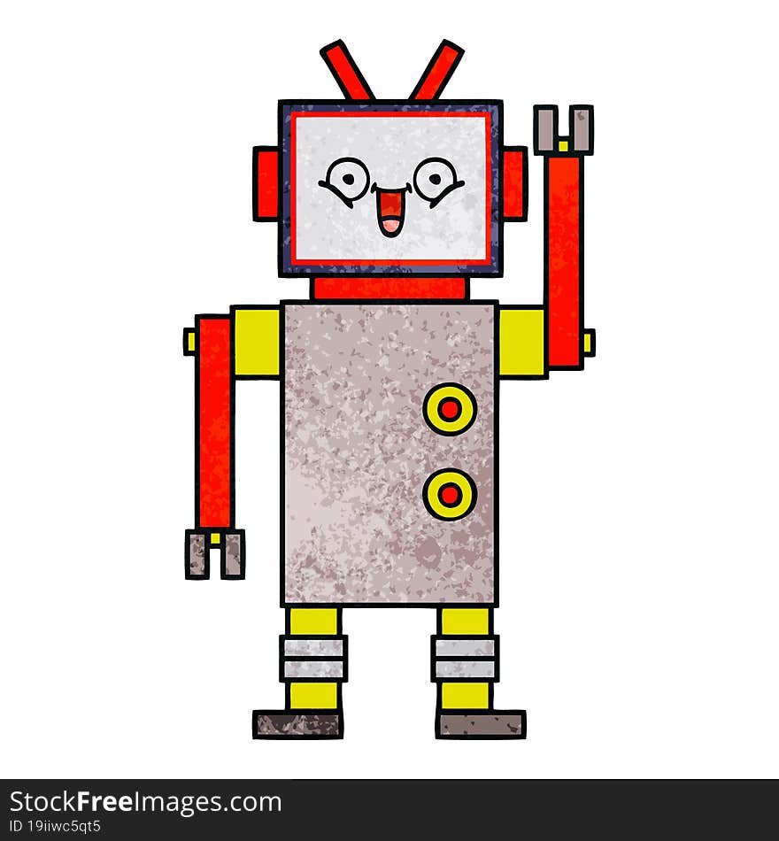 Retro Grunge Texture Cartoon Happy Robot