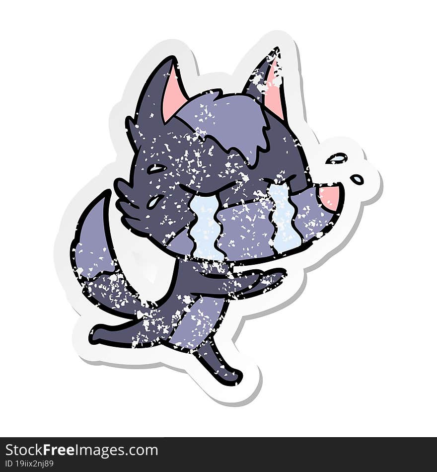 distressed sticker of a cartoon crying wolf