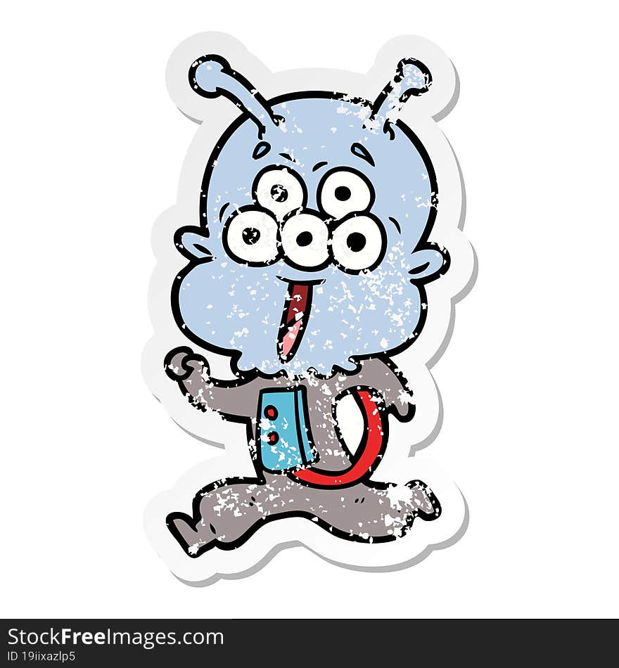 distressed sticker of a happy cartoon alien running