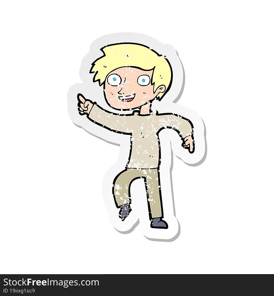 Retro Distressed Sticker Of A Cartoon Happy Boy Pointing