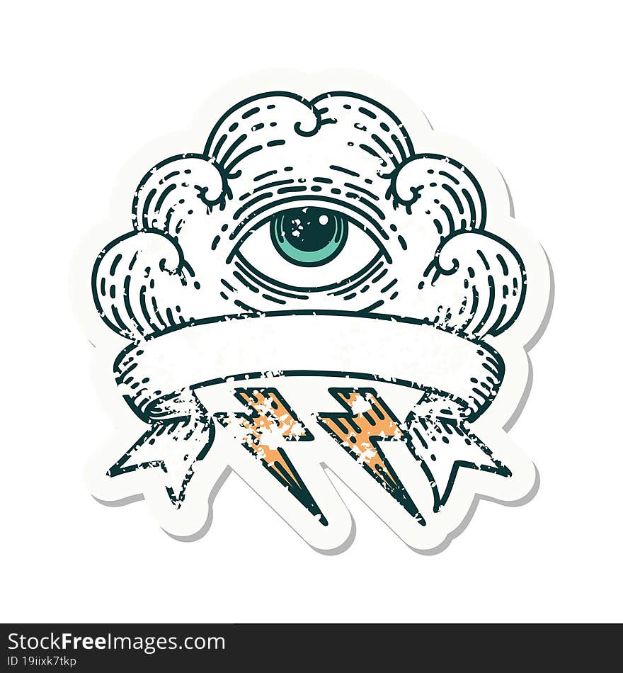 grunge sticker with banner of an all seeing eye cloud