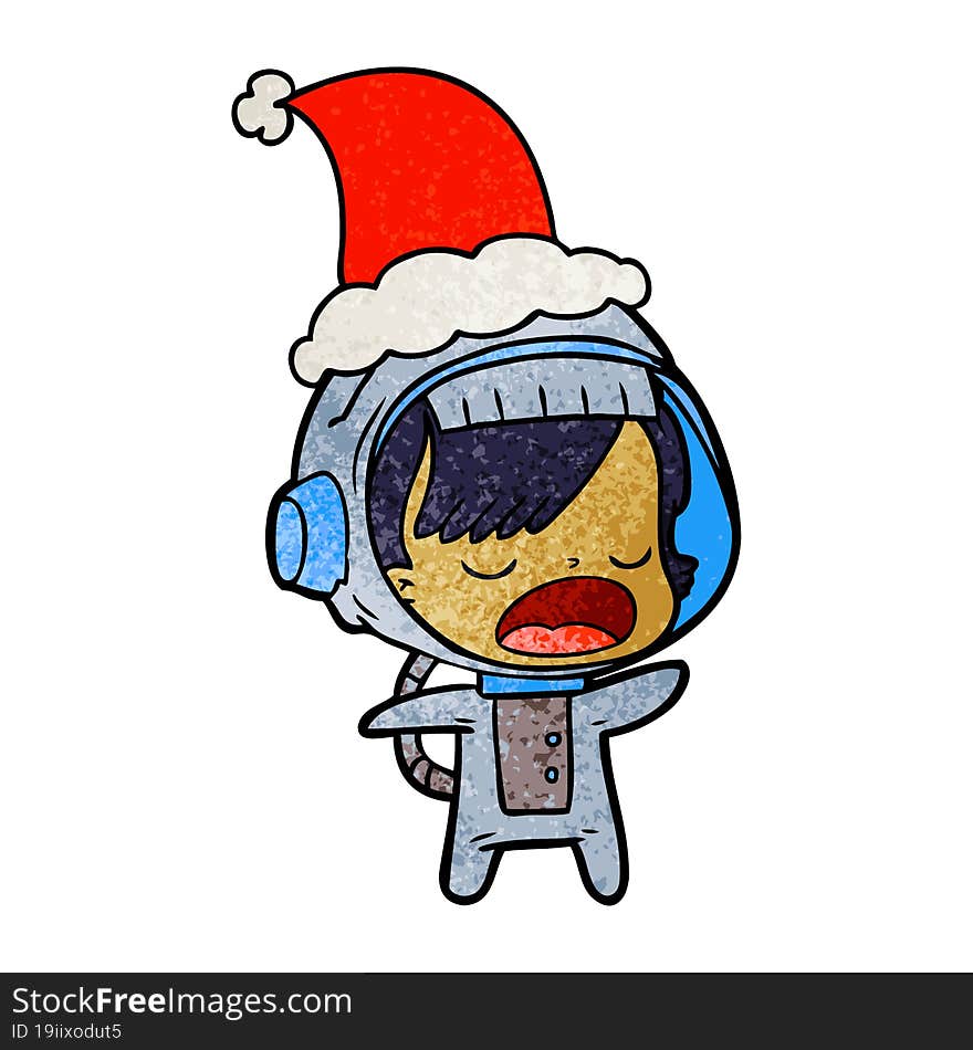 Textured Cartoon Of A Talking Astronaut Woman Wearing Santa Hat