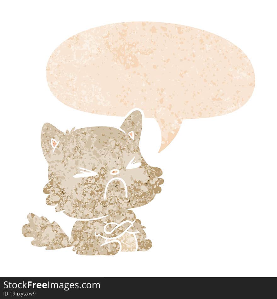 cartoon angry cat and speech bubble in retro textured style