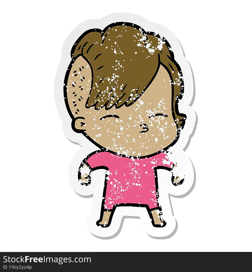 distressed sticker of a cartoon squinting girl