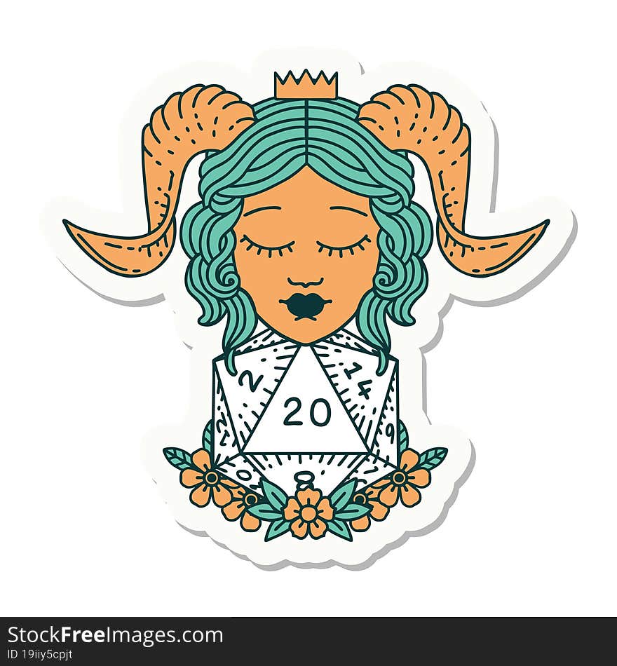 sticker of a tiefling with natural twenty d20 dice roll. sticker of a tiefling with natural twenty d20 dice roll