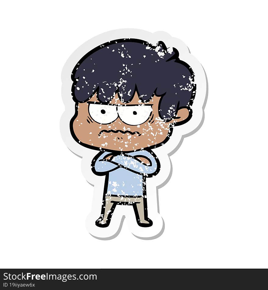 distressed sticker of a annoyed cartoon boy