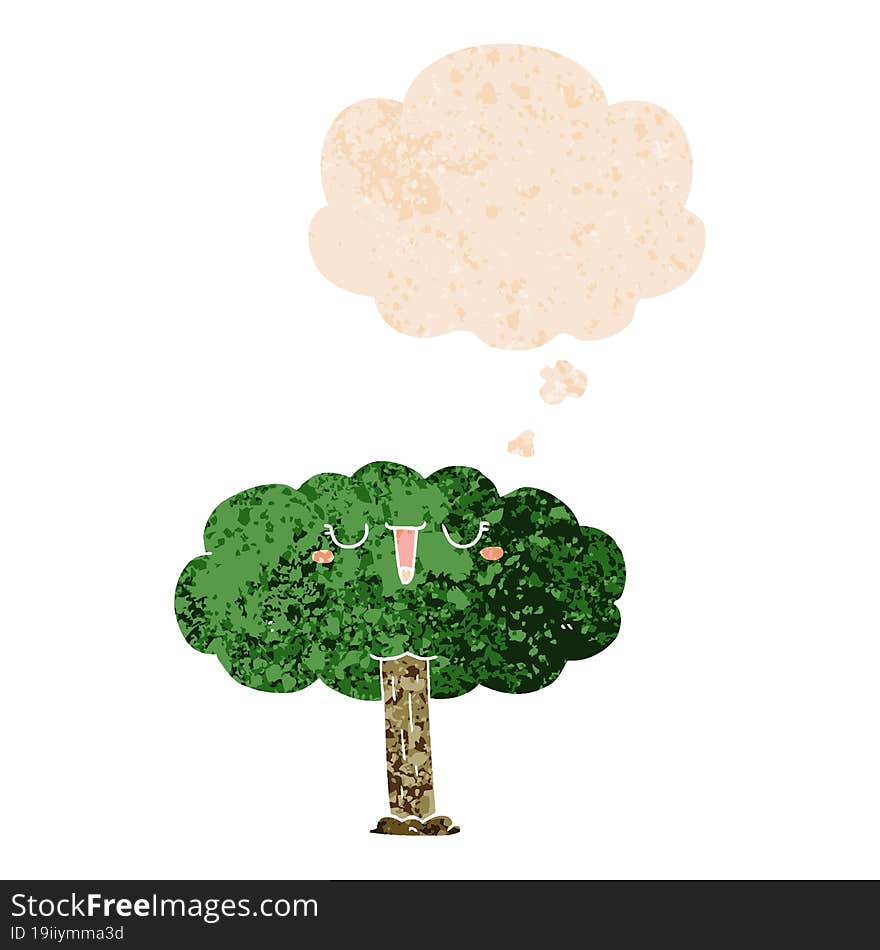 cartoon tree and thought bubble in retro textured style