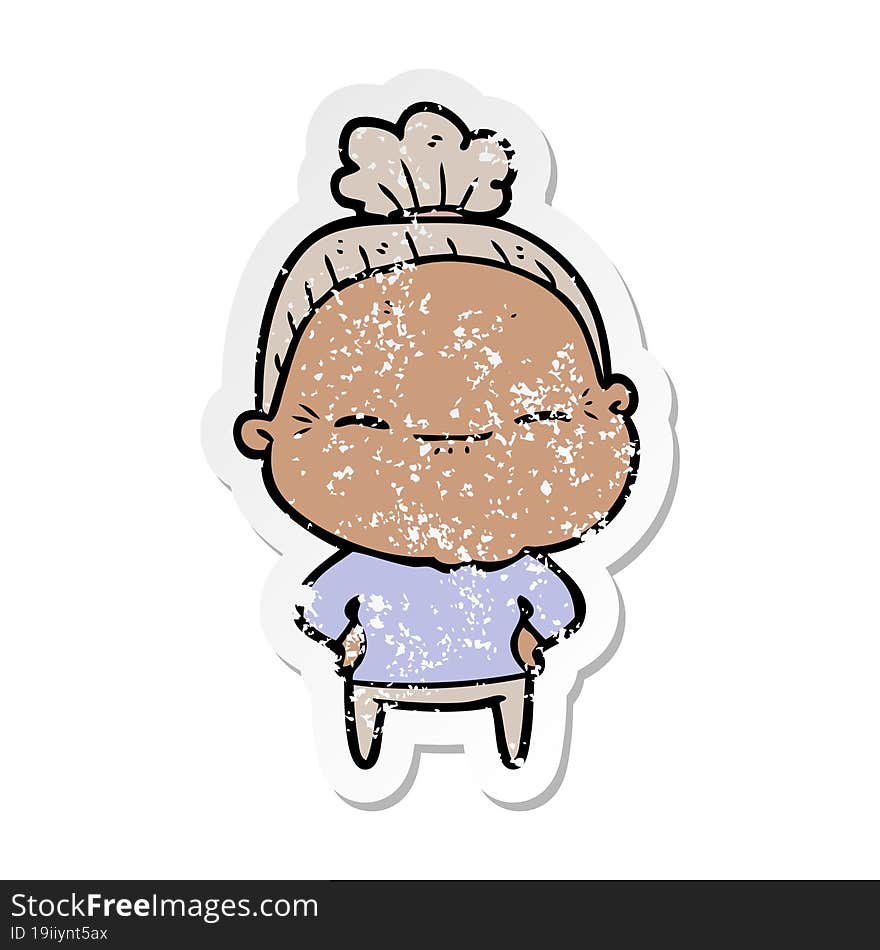 distressed sticker of a cartoon peaceful old woman