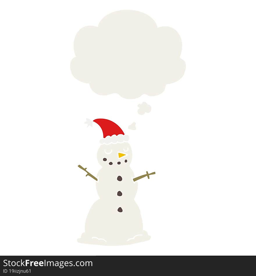 Cartoon Christmas Snowman And Thought Bubble In Retro Style