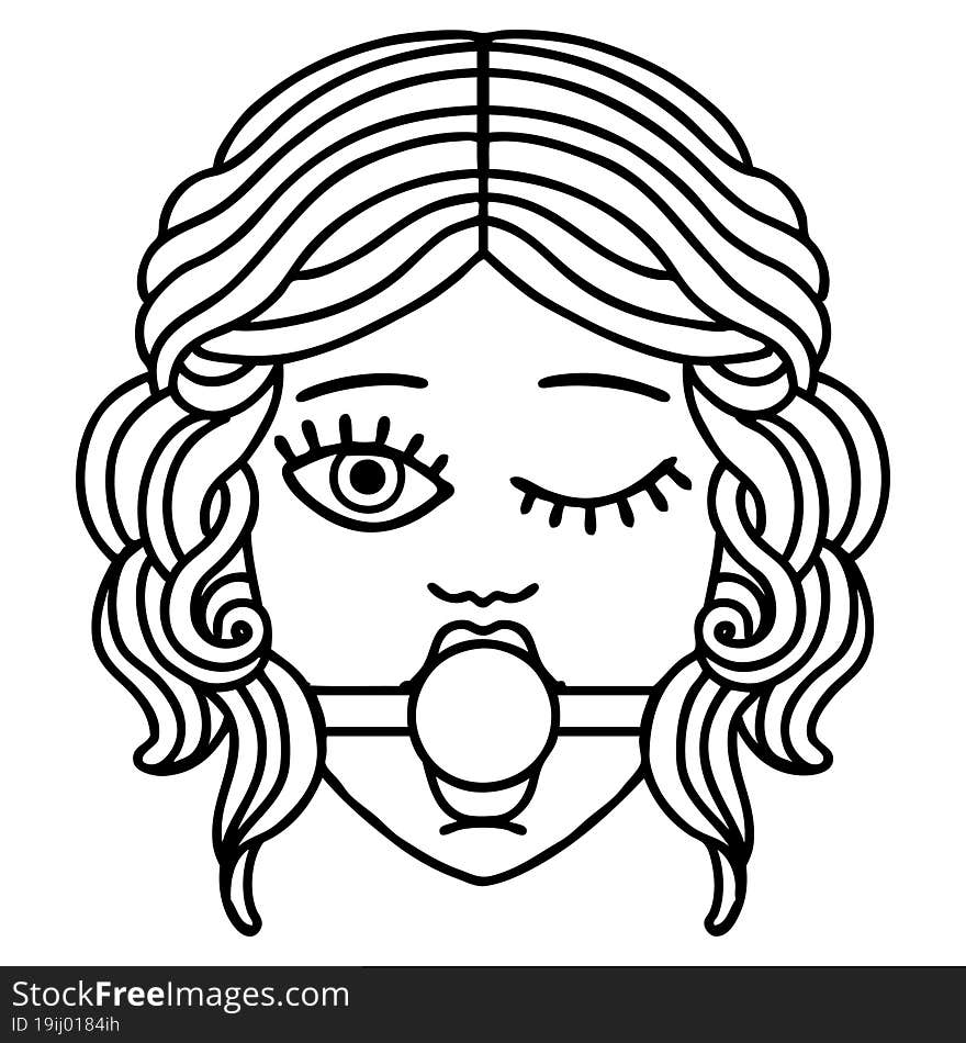 black line tattoo of winking female face with ball gag