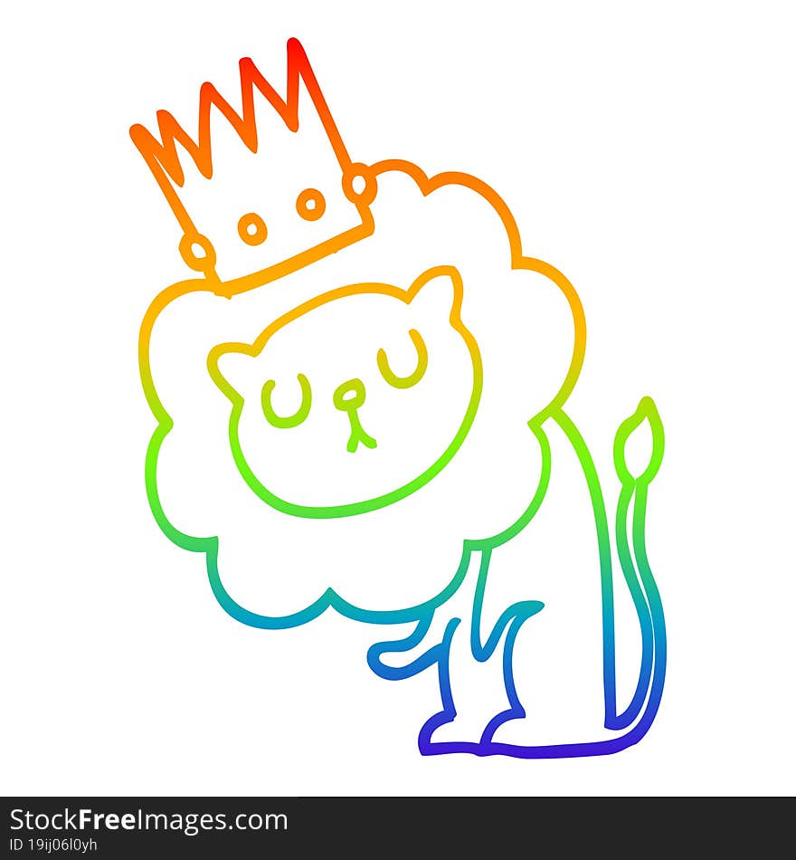 rainbow gradient line drawing cartoon lion with crown