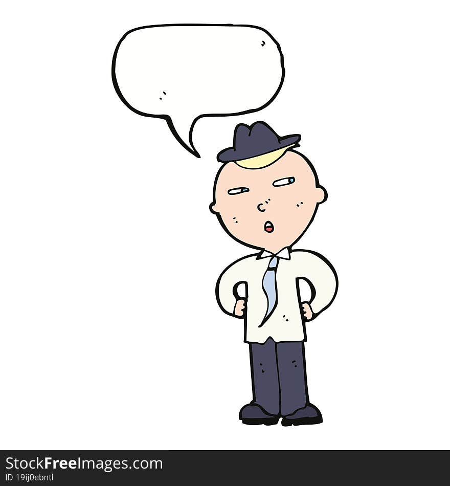 cartoon man wearing hat with speech bubble