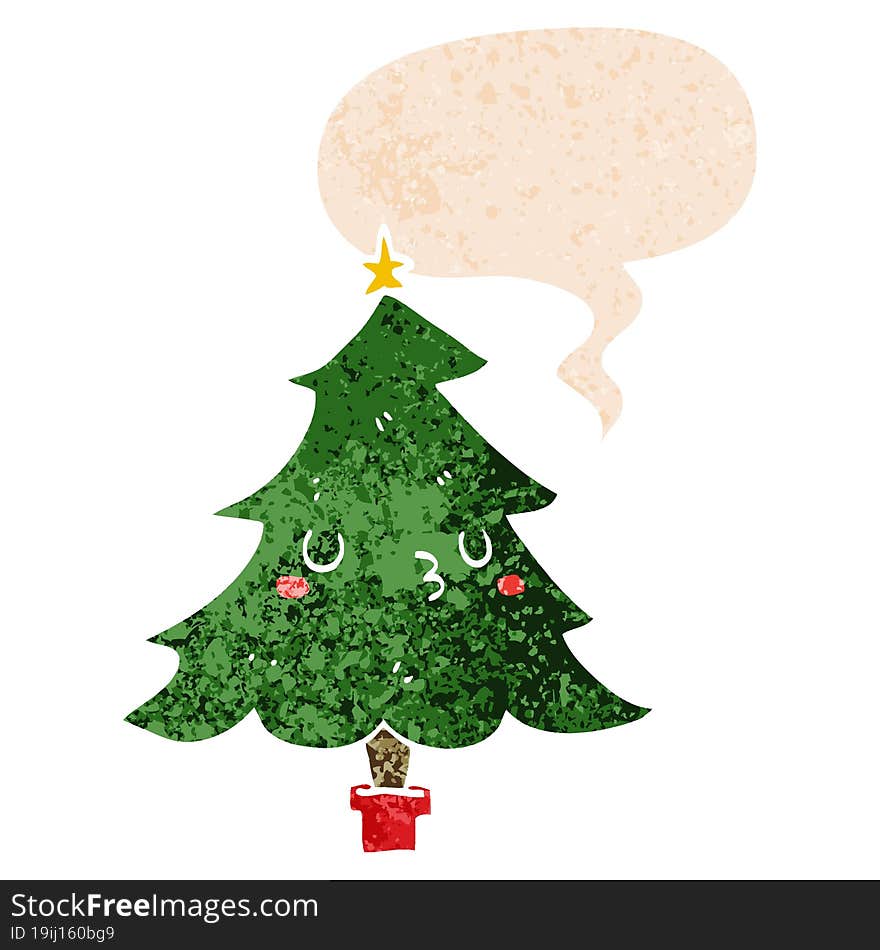 Cute Cartoon Christmas Tree And Speech Bubble In Retro Textured Style