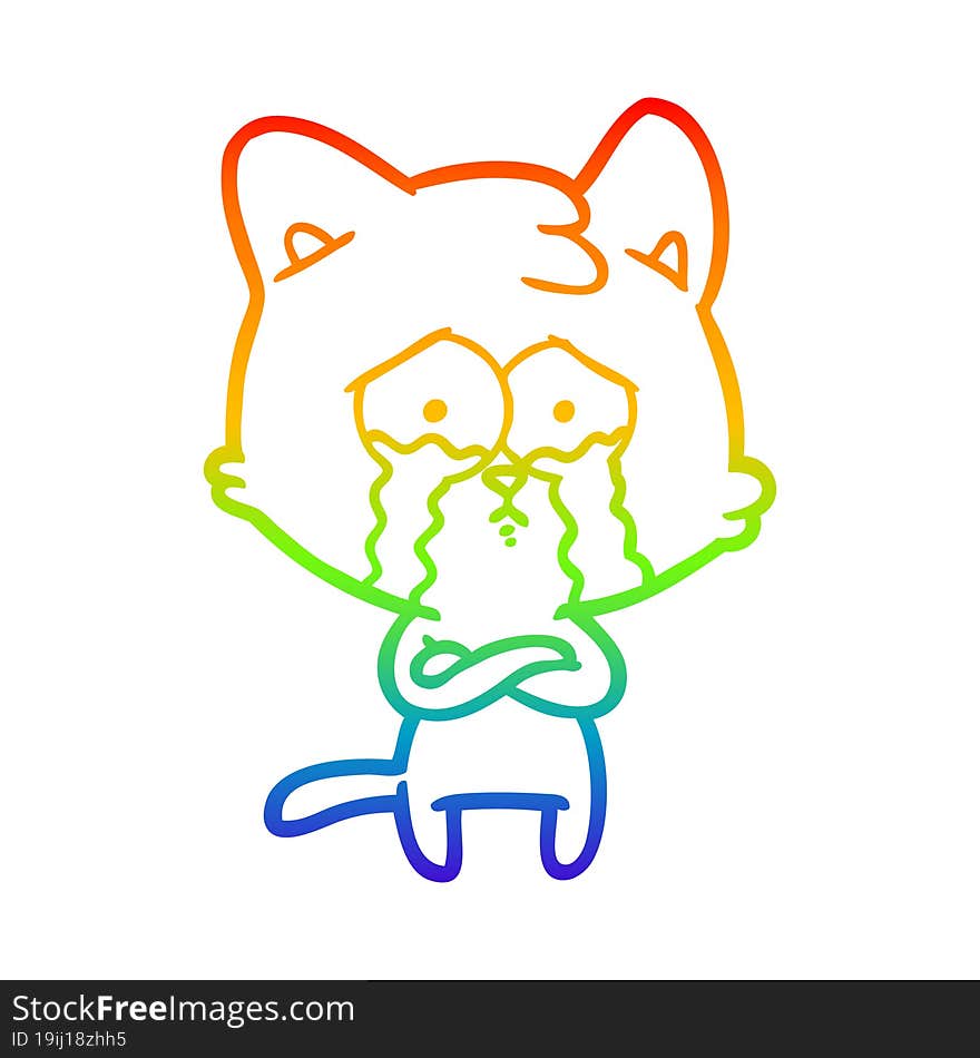 rainbow gradient line drawing cartoon crying cat