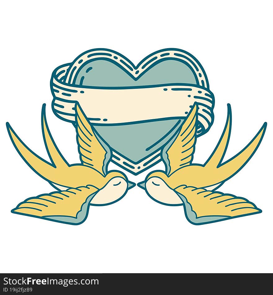 tattoo style icon of a swallows and a heart with banner